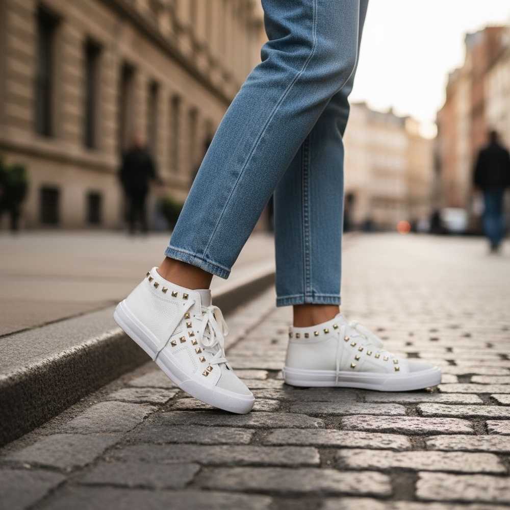 Jessica Simpson White Faux Leather Studded Folliah Sneaker, Size 6